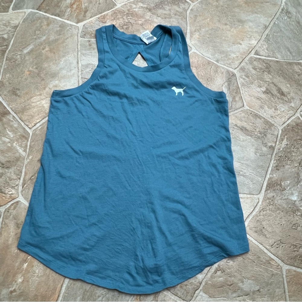 PINK Victoria’s Secret Blue Racerback Tank Top Womens Small Logo Keyhole